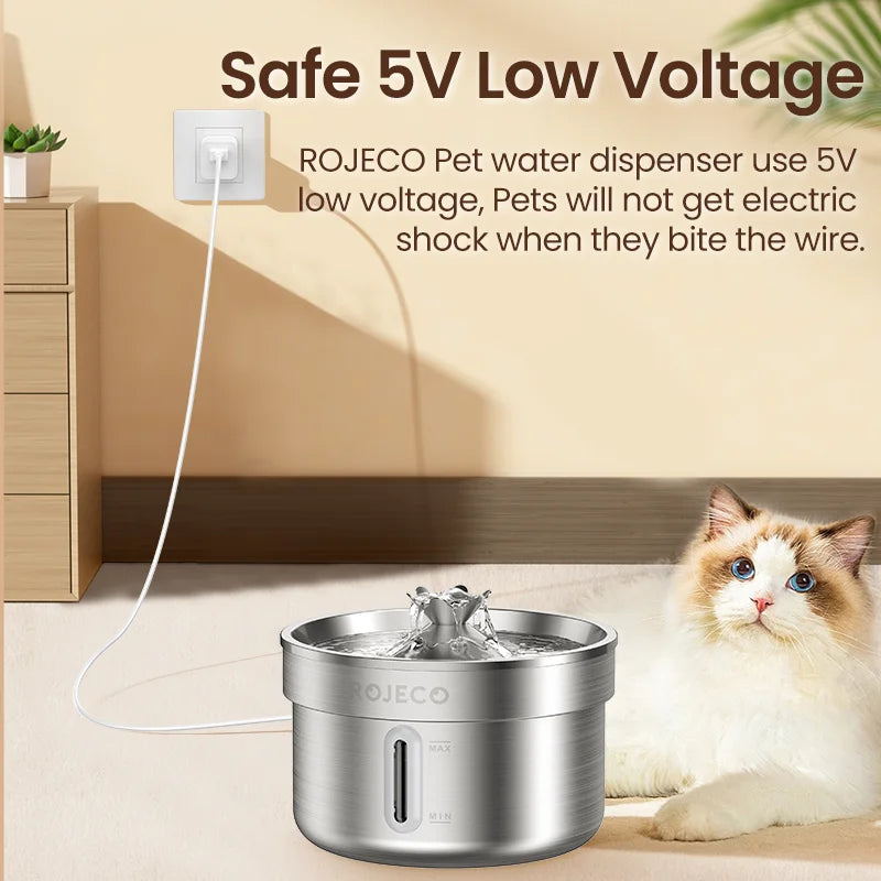 ROJECO Fuente de agua o bebedero de acero inoxidable con filtro para mascotas